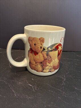 Vintage American Greetings Christmas Mug Teddy Bear Cat Holiday Coffee Cup Love